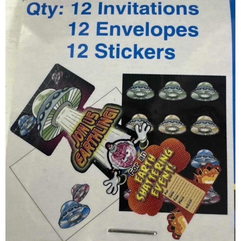 Alien UFO Spaceship Party Invitations 12 Cards‎ + Env  12 Stickers Supplies